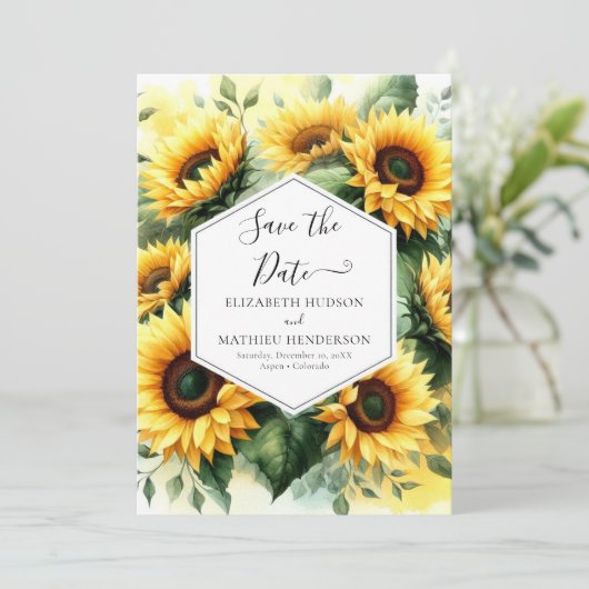 Eenvoudige Botanische Zonnebloem bruiloft Save The Date (Staand voorkant)