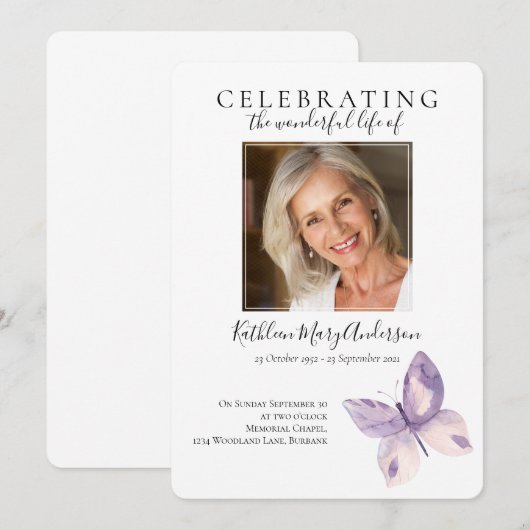 Eenvoudige Boterfly-begrafenisuitnodiging Kaart (Voorkant / Achterkant)