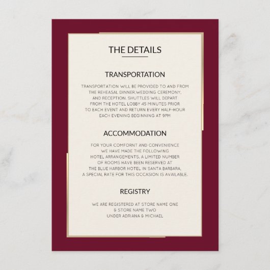 Eenvoudige Bourgogne bruiloft Details Behuizing Ka Informatiekaartje (Voorkant)