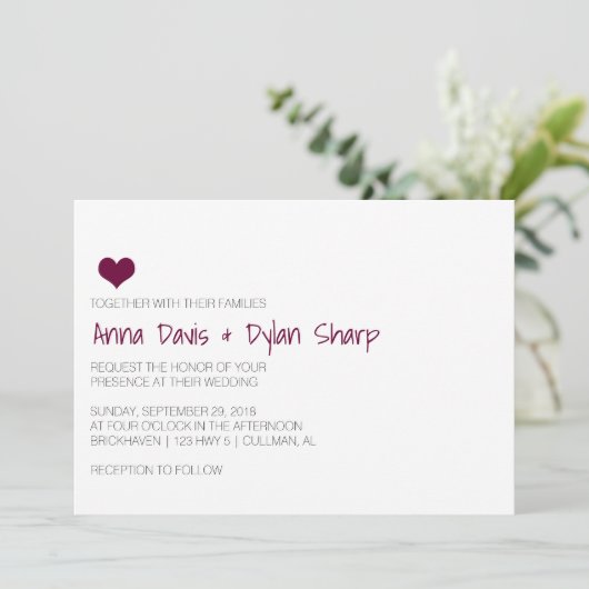 Eenvoudige Bourgogne Hart bruiloft uitnodiging (Staand voorkant)