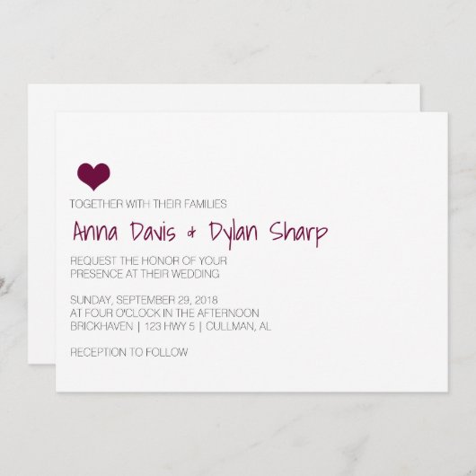 Eenvoudige Bourgogne Hart bruiloft uitnodiging (Voorkant / Achterkant)