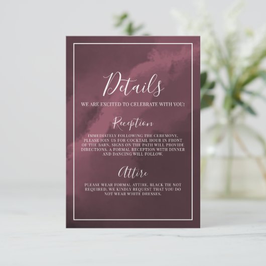 Eenvoudige Bourgondische bruiloft details Informatiekaartje (Staand voorkant)