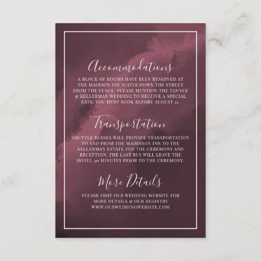 Eenvoudige Bourgondische bruiloft details Informatiekaartje (Achterkant)