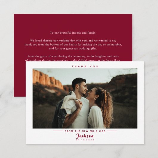 Eenvoudige Bourgondische foto bruiloft Bedankkaart (Voorkant / Achterkant)