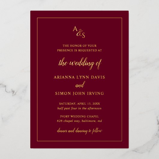 Eenvoudige Bourgondische Monogram Formele Elegante Folie Uitnodiging (Voorkant)