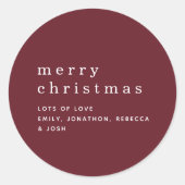 Eenvoudige Bourgondische witte namen Vrolijk Kerst Ronde Sticker (Voorkant)