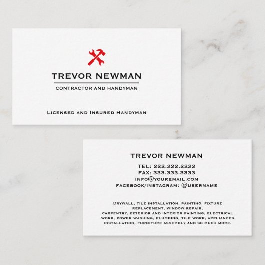 Eenvoudige bouw Handyman Carpenter RED Tools Visitekaartje (Voorkant / Achterkant)