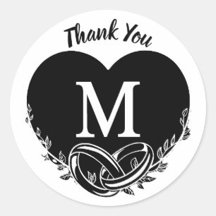 Eenvoudige brief M Hart gebladerte bruiloft Dank u Ronde Sticker