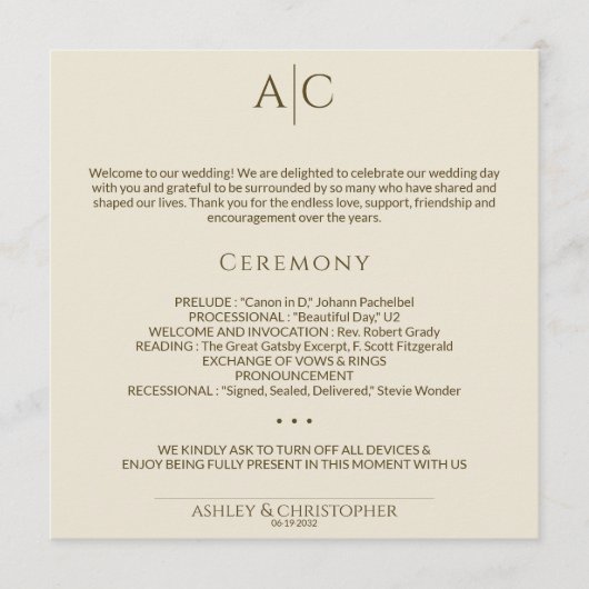 Eenvoudige Brons & Goud Monogram Huwelijksceremoni Programmakaart (Voorkant)
