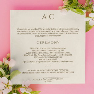 Eenvoudige Brons & Goud Monogram Huwelijksceremoni Programmakaart