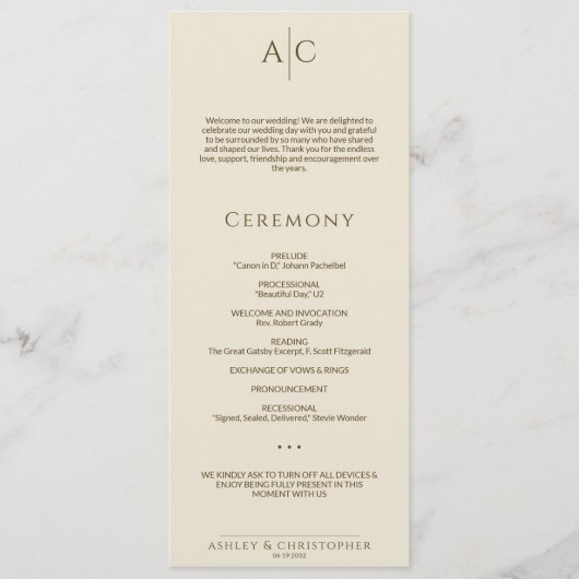 Eenvoudige Brons & Goud Monogram Huwelijksceremoni Programmakaart (Voorkant)