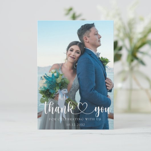 Eenvoudige bruiloft dank u 2 foto bedankkaart (Staand voorkant)