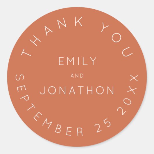 Eenvoudige bruiloft dank u namen Date Terracotta Ronde Sticker (Voorkant)