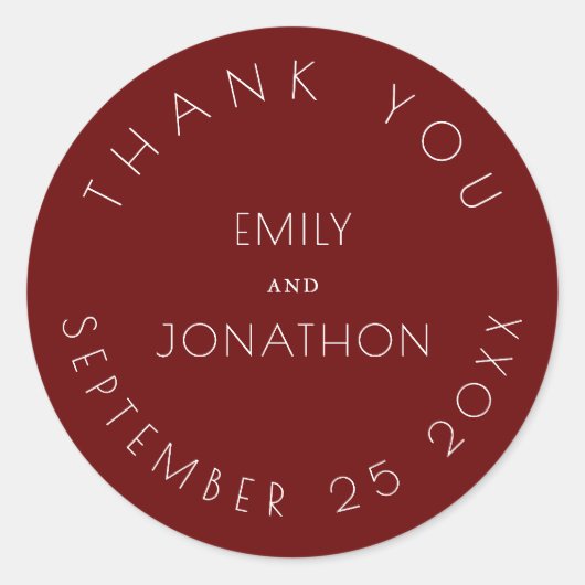 Eenvoudige bruiloft dank u namen datum Bourgondië Ronde Sticker (Voorkant)