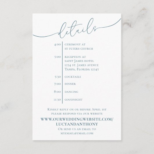 Eenvoudige bruiloft Details Blauwe kalligrafie Tij Informatiekaartje (Voorkant)