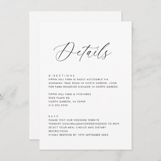 Eenvoudige bruiloft Details Routebeschrijving RSVP Kaart (Voorkant / Achterkant)