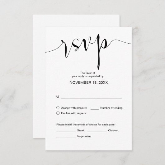 Eenvoudige bruiloft kalligrafie, zwart, diner RSVP Informatiekaartje (Voorkant / Achterkant)