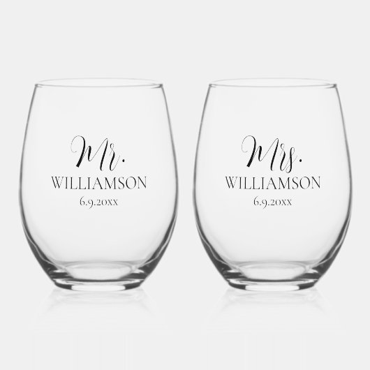 Eenvoudige bruiloft Mr. Mrs Names Date Custom Wijnglas Zonder Voet (Voorkant)