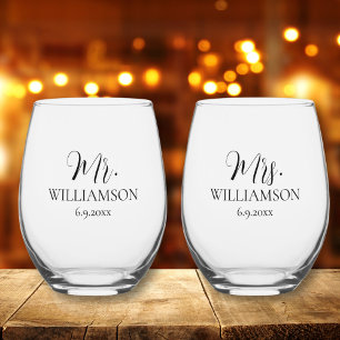Eenvoudige bruiloft Mr. Mrs Names Date Custom Wijnglas Zonder Voet