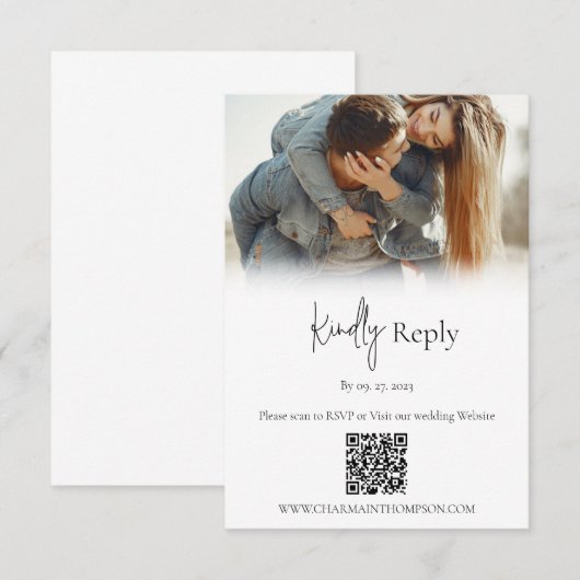 Eenvoudige bruiloft QR-code voor foto's RSVP Kaartje (Voorkant / Achterkant)