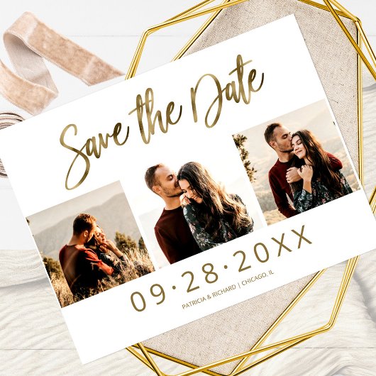 Eenvoudige bruiloft Save the Date 3 Photo Collage Briefkaart