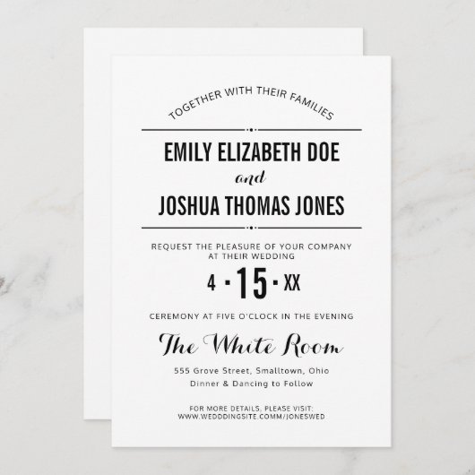 Eenvoudige bruiloft uitnodiging effen zwart wit cu (Voorkant / Achterkant)