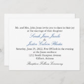 Eenvoudige bruiloft uitnodiging met blauwe tekst (Voorkant / Achterkant)