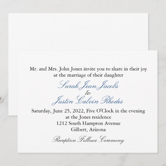 Eenvoudige bruiloft uitnodiging met blauwe tekst (Voorkant / Achterkant)