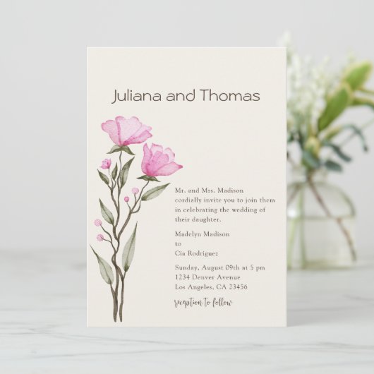 Eenvoudige bruiloft waterverf bloemenuitnodiging kaart (Staand voorkant)