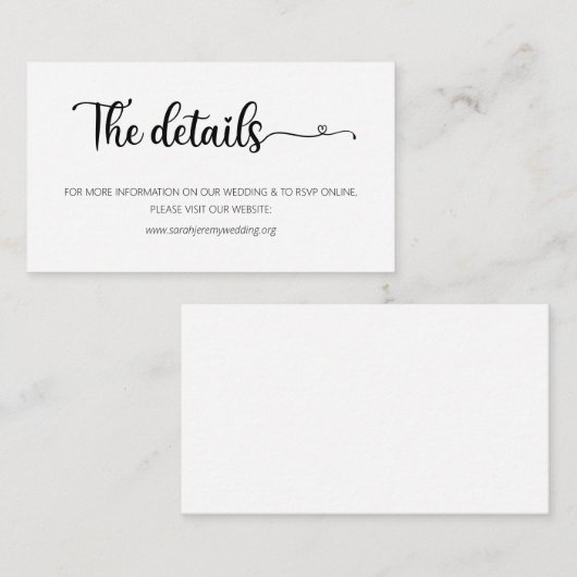 Eenvoudige bruiloft — Website met verblijfskaart Informatiekaartje (Voorkant / Achterkant)