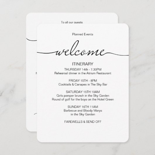 Eenvoudige bruiloft Weekend Reisschema Favor Bag W Informatiekaartje (Voorkant / Achterkant)