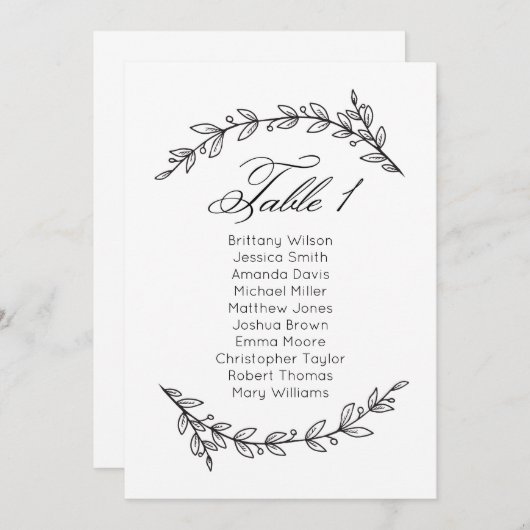 Eenvoudige bruiloft zitkaart bloemenlijst. Tabel p Kaart (Voorkant / Achterkant)