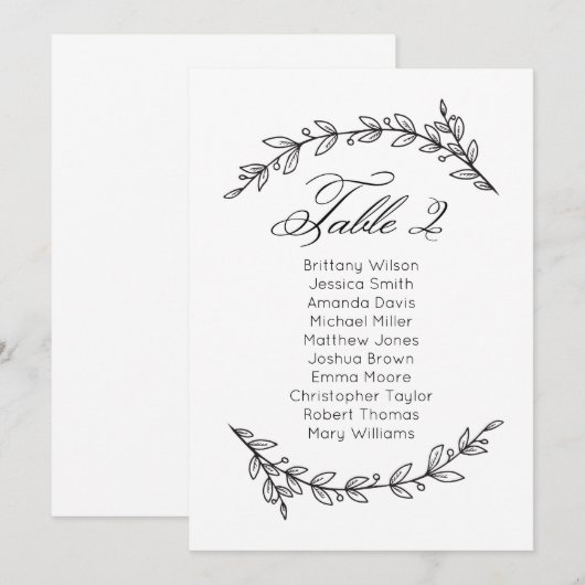 Eenvoudige bruiloft zitkaart bloemenlijst. Tabel p Kaart (Voorkant / Achterkant)