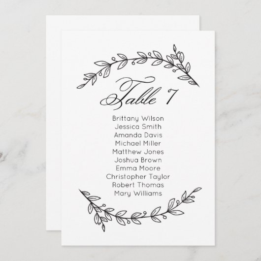 Eenvoudige bruiloft zitkaart bloemenlijst. Tabel p Kaart (Voorkant / Achterkant)