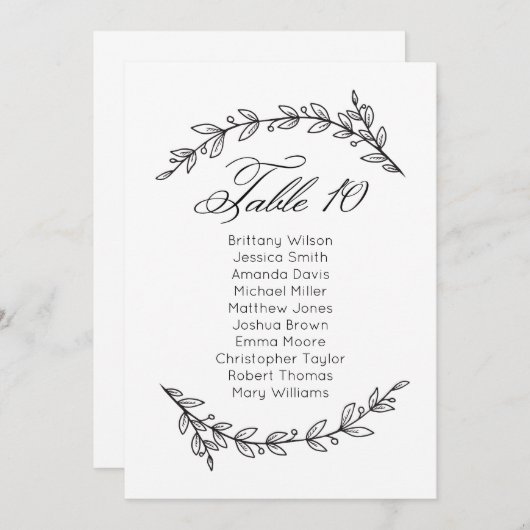 Eenvoudige bruiloft zitkaart bloemenlijst. Tabel p Kaart (Voorkant / Achterkant)