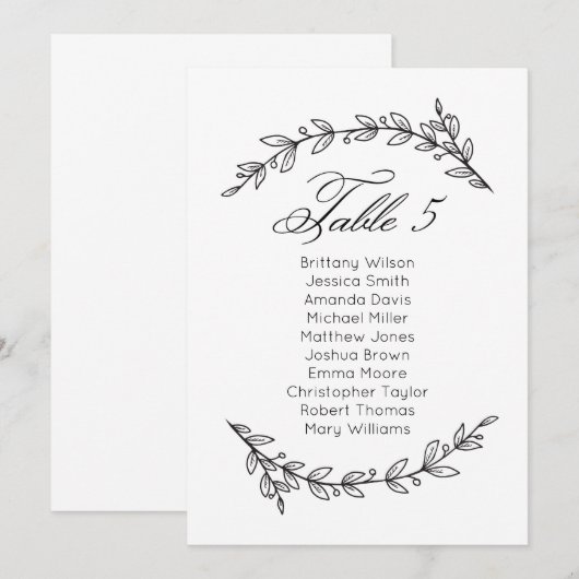 Eenvoudige bruiloft zitkaart bloemenlijst. Tabel p Kaart (Voorkant / Achterkant)