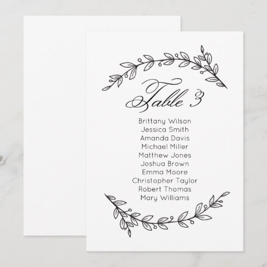 Eenvoudige bruiloft zitkaart bloemenlijst. Tabel p Kaart (Voorkant / Achterkant)