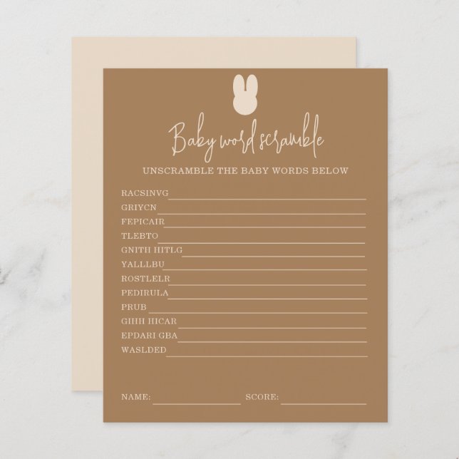 Eenvoudige bunny Baby Word Scramble | BABY SHOWER (Voorkant / Achterkant)