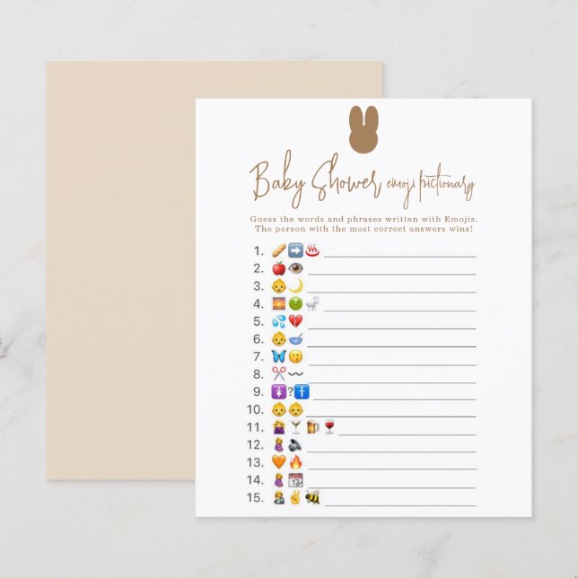 Eenvoudige bunny Emoji afbeelding game baby shower (Voorkant / Achterkant)