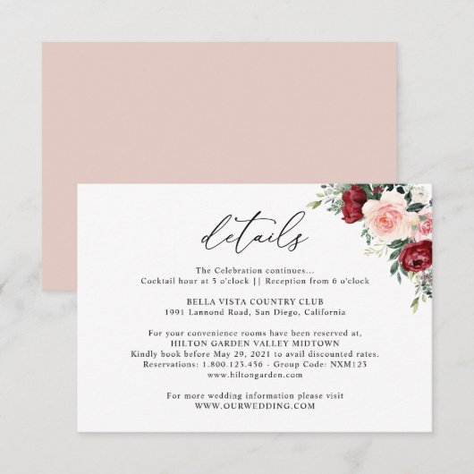 Eenvoudige Burgundy Blush Floral Wedding Details E Informatiekaartje (Voorkant / Achterkant)