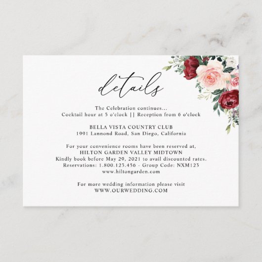 Eenvoudige Burgundy Blush Floral Wedding Details E Informatiekaartje (Voorkant)