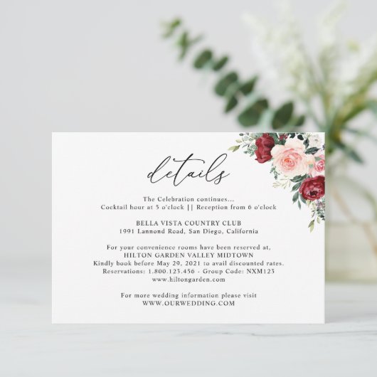 Eenvoudige Burgundy Blush Floral Wedding Details E Informatiekaartje (Staand voorkant)