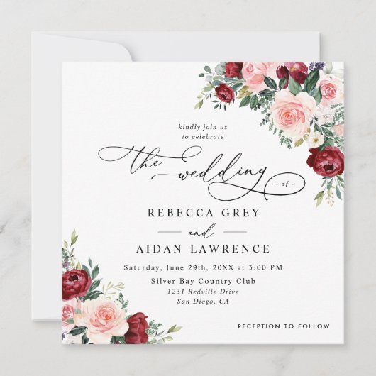 Eenvoudige Burgundy Blush Herfst Floral Wedding Sq Kaart (Voorkant)