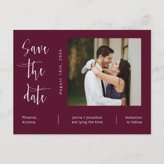 Eenvoudige Burgundy Photo QR Code Save the Date Briefkaart (Voorkant)