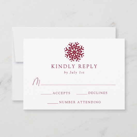 Eenvoudige Burgundy Sneeuwvlok Bruiloft RSVP Kaartje (Voorkant)