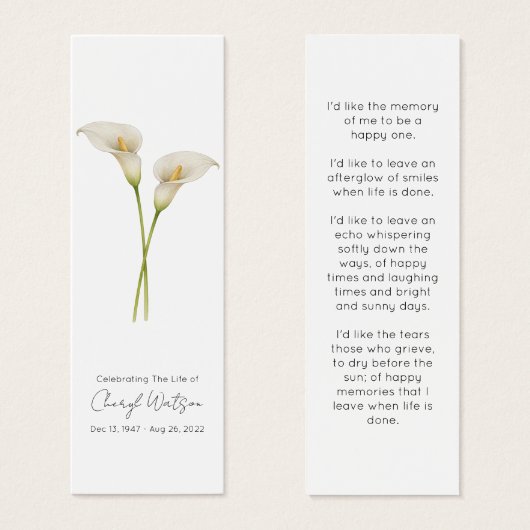 Eenvoudige Calla Lily Rouwherdenkingsbladwijzer Mini Visitekaartjes (Voorkant /achterkant)