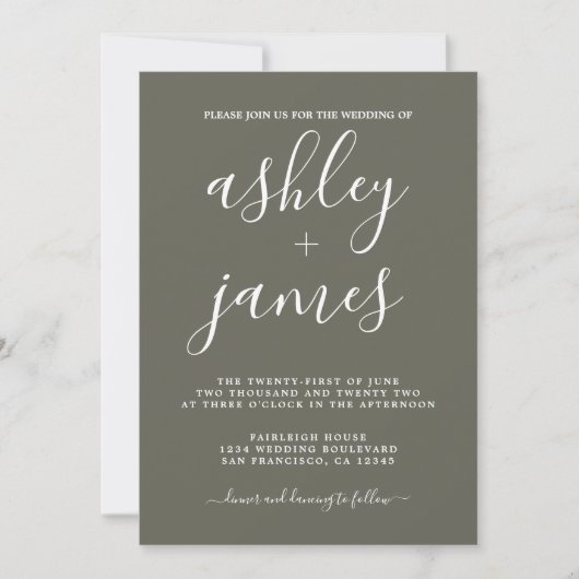 Eenvoudige calligrafie Dusty Olive Wedding Kaart (Voorkant)