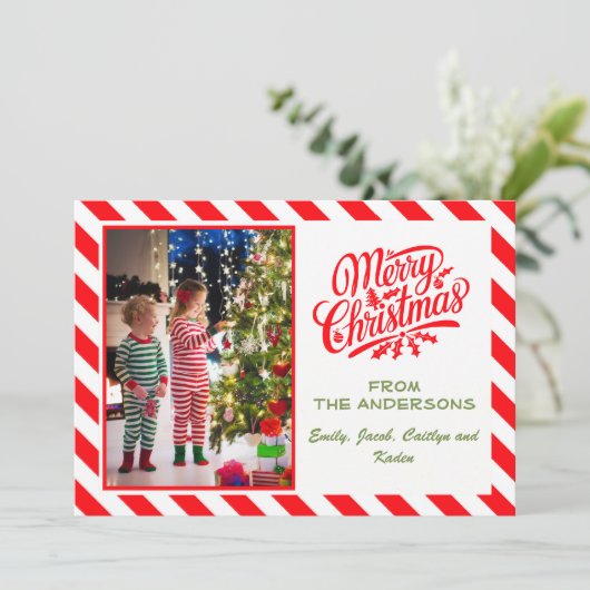 Eenvoudige Candy Cane Gestreepte Vrolijke Kerstfot Feestdagenkaart (Staand voorkant)