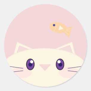 Eenvoudige Cartoon Kat met Goudvis Ronde Sticker