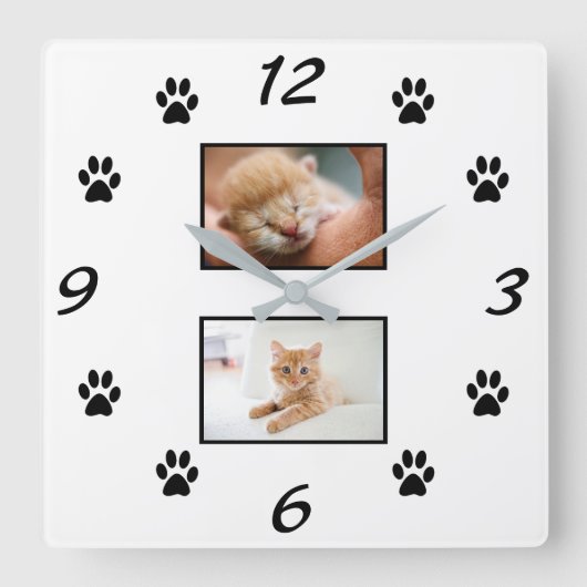 Eenvoudige Cat Paw Print Pet 2 Fotocollage Vierkante Klok (Voorkant)